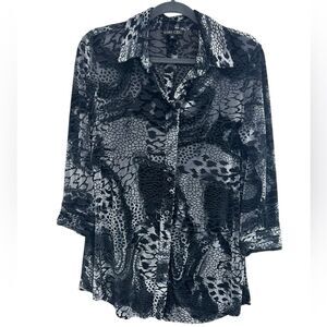 Boho Chic Black Gray Animal Print Semi Sheer Button Down Front and Back Top Med